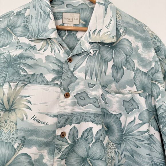 Vintage Trader Bay Hawaiian Shirt Blue & White Aloha Shirt Adult Mens L Soft 90s - Picture 5 of 16